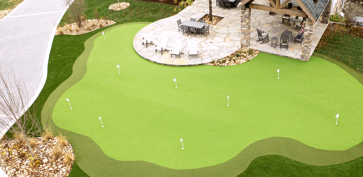 Aerial view of a home golf putting green