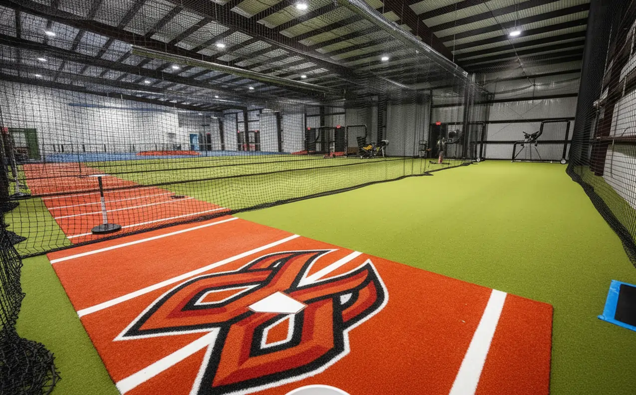 Batting cages with artificial turf and logos printed on the turf
